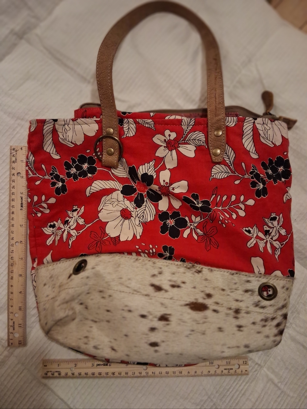 Myra Bag Red Floral Canvas Tote with Cowhide Trim - Picture 3 of 6